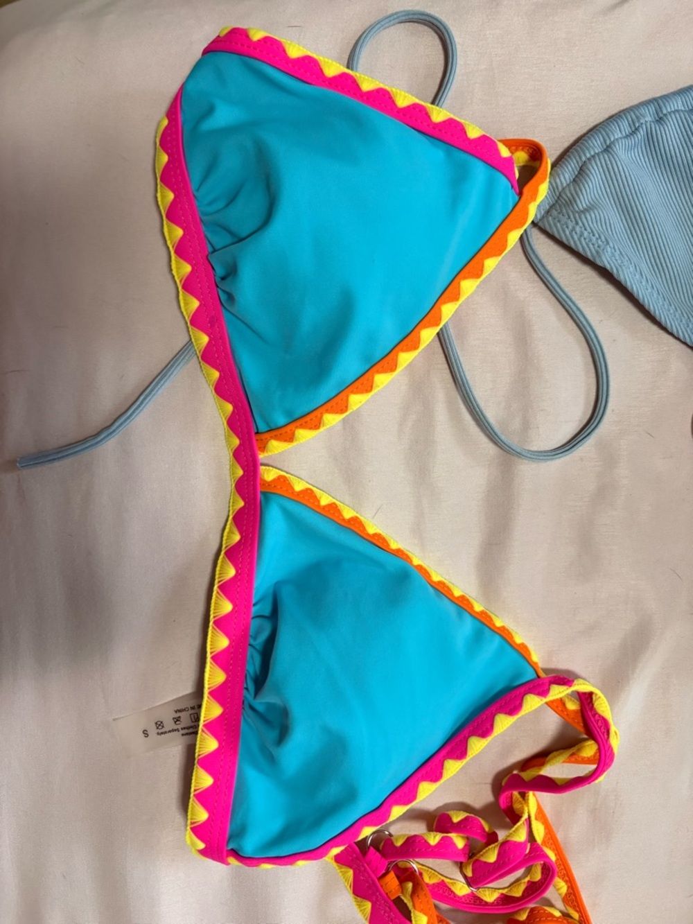 SHEIN Turquoise Triangle Bikini Top with Pink & Yellow Trim